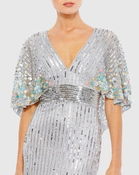 Sequin V Neck Floral Cape Gown - Platinum