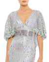 mac duggal, SEQUINED V NECK FLORAL EMBELLISHED CAPE SLEEVE GOWN, platinum silver, Style #5221 close up