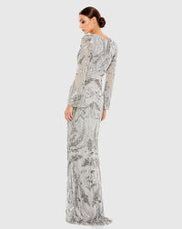 Sequined Faux Wrap Split Long Sleeve Gown - Platinum