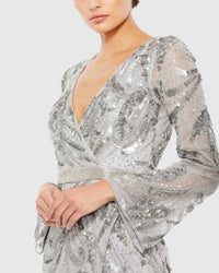 Sequined Faux Wrap Split Long Sleeve Gown - Platinum