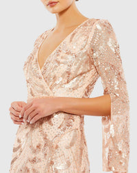 Light Pink Sequined Faux Wrap Split Long Sleeve Gown - Rose Gold