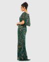 Embellished V Neck Cape Sleeve Gown - Emerald