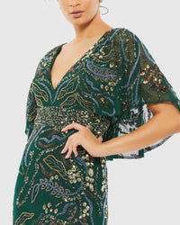 Embellished V Neck Cape Sleeve Gown - Emerald