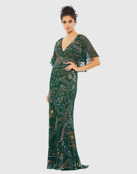 Mac Duggal #5239 Embellished V Neck Cape Sleeve Gown - Emerald 