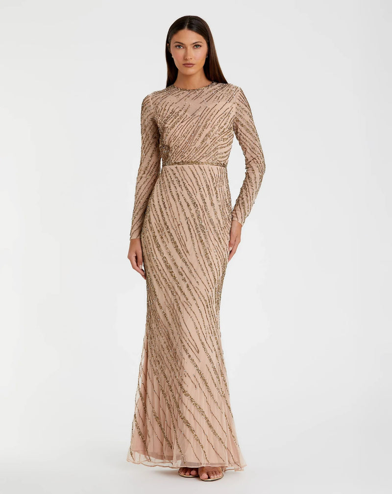 Mac Duggal, Beaded long sleeve modest evening gown, Mocha #5240