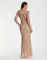 Long sleeve beaded column modest gown - Mocha