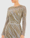 Long sleeve beaded column modest gown - Silver