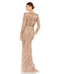 Long sleeve beaded column modest gown - Silver