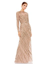 Long sleeve beaded column modest gown - Silver