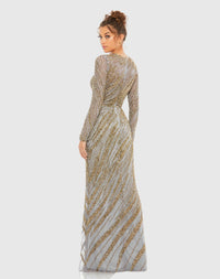 Long sleeve beaded column modest gown - Silver