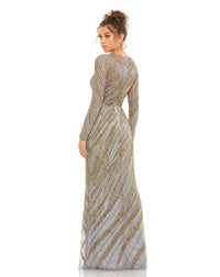 Long sleeve beaded column modest gown - Silver