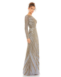 Long sleeve beaded column modest gown - Silver