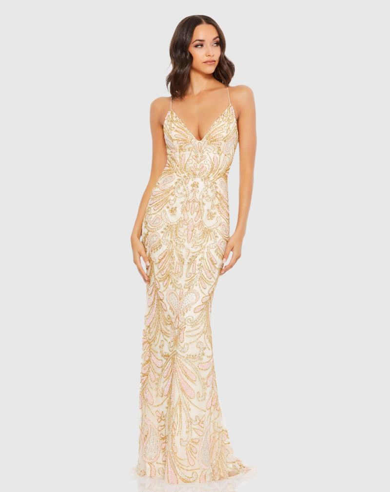 Mac Duggal, Champagne Strappy Back Beaded Gown #5309