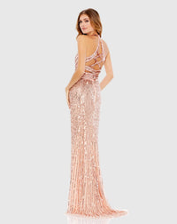 Sleeveless plunge V neck cut out evening dress - Rose Gold