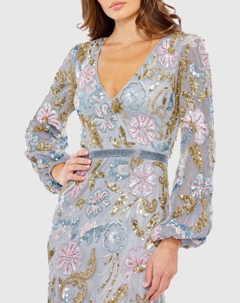 Long Cuff Sleeve Embellished Floral Midi Dress - Platinum Multi