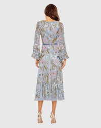 Long Cuff Sleeve Embellished Floral Midi Dress - Platinum Multi