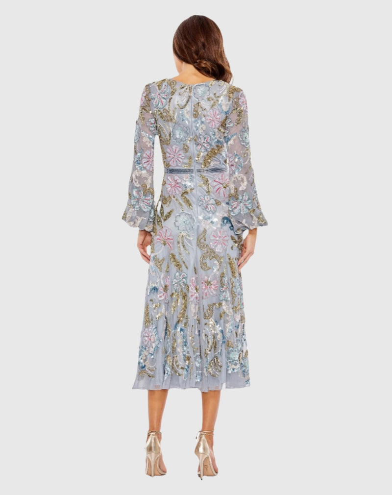 Long Cuff Sleeve Embellished Floral Midi Dress - Platinum Multi