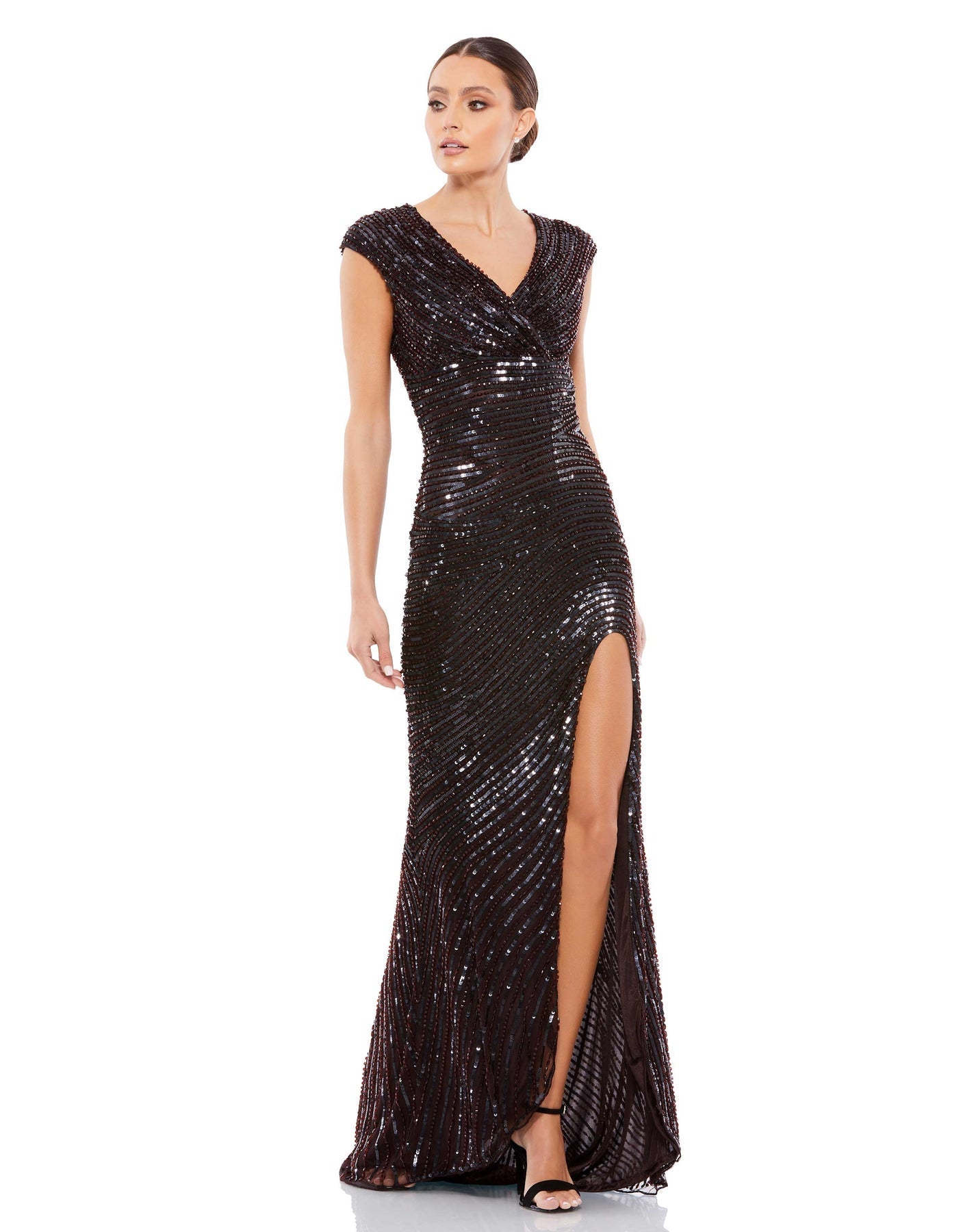 Mac Duggal Cap Sleeve Long Sequin Evening Gown Brown SHAIDE