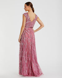 Cap Sleeve Embellished Evening Gown - Beige Multi