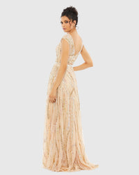 Cap Sleeve Embellished Evening Gown - Beige Multi