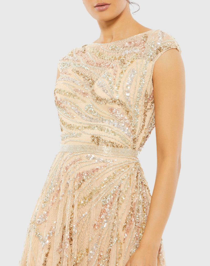 Cap Sleeve Embellished Evening Gown - Beige Multi