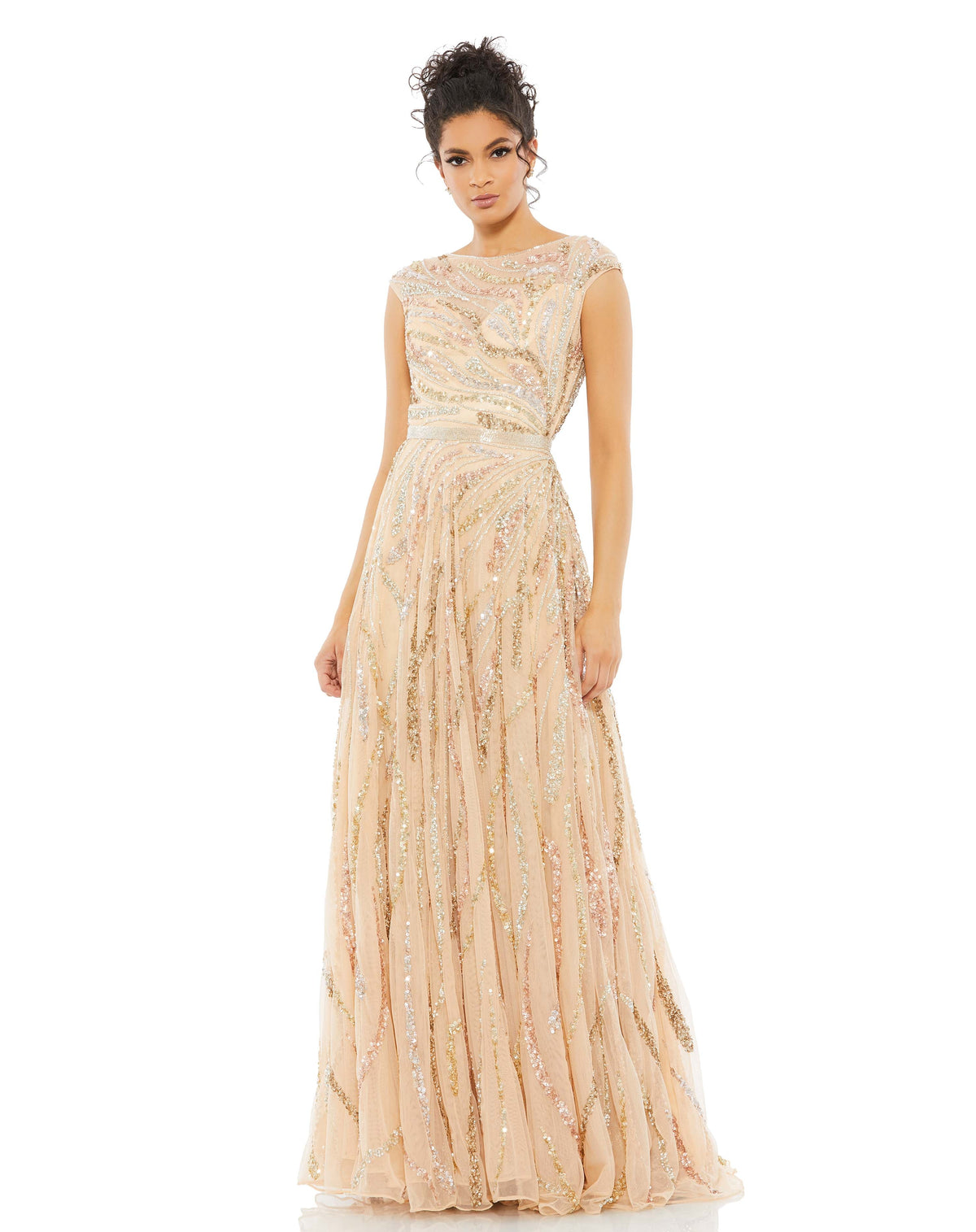 Mac Duggal ##5445 Cap Sleeve Embellished Evening Gown - Beige Multi