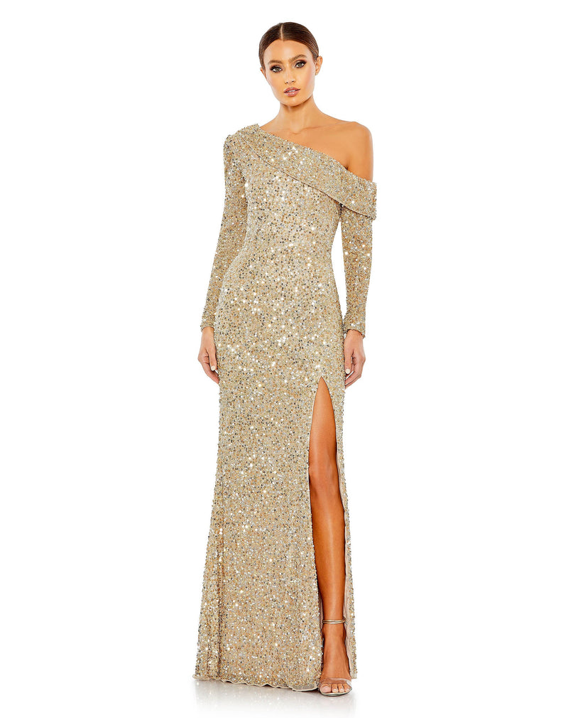 mac duggal, one sleeved embellished shimmering gold full sequin gown, 5449