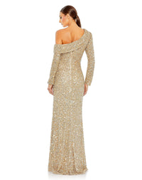 mac duggal, one sleeved embellished shimmering gold full sequin gown, 5449 back view