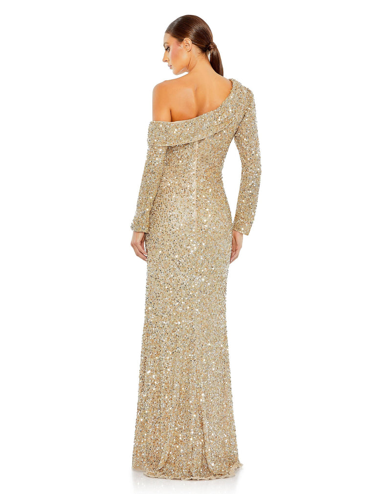 mac duggal, one sleeved embellished shimmering gold full sequin gown, 5449 back view