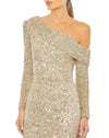 mac duggal, one sleeved embellished shimmering gold full sequin gown, 5449 close up