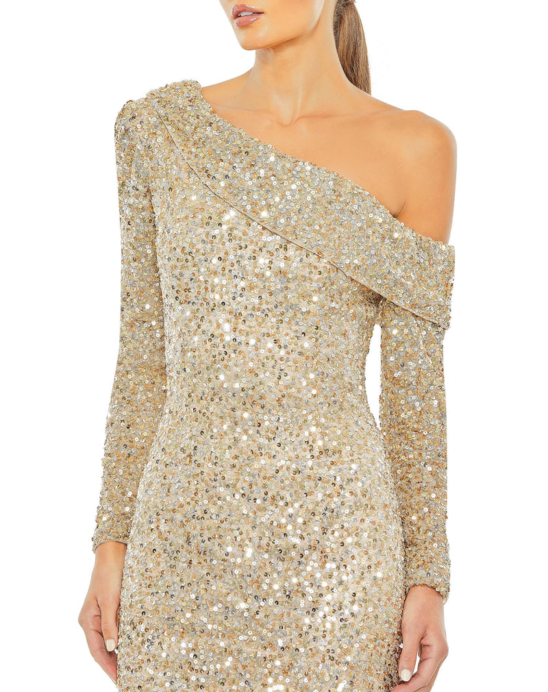 mac duggal, one sleeved embellished shimmering gold full sequin gown, 5449 close up