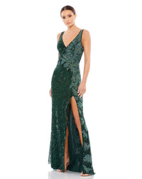 Mac Duggal #5473 Beaded sequin floral evening sleeveless gown, Green