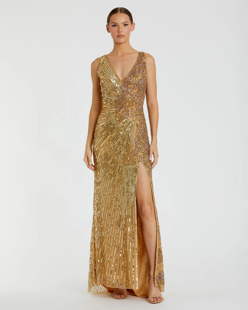 Mac Duggal Beaded sequin floral evening sleeveless gown, Gold #5473