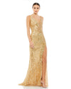 Mac Duggal #5473 Beaded sequin floral evening sleeveless gown, Gold