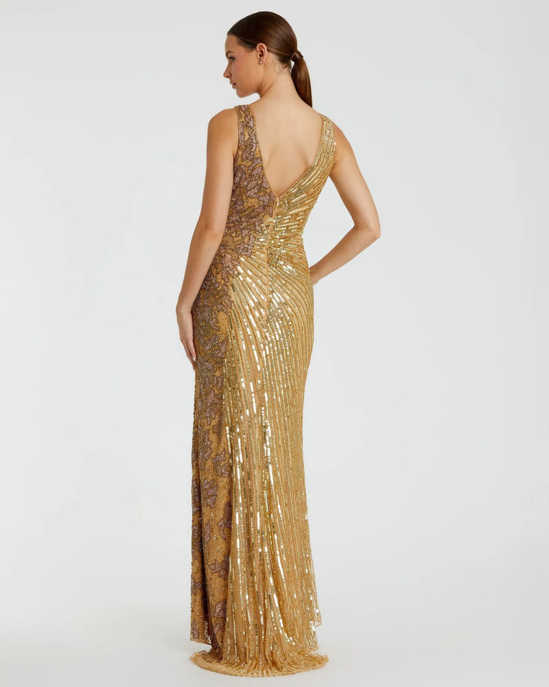 Beaded sequin floral evening sleeveless gown - Gold