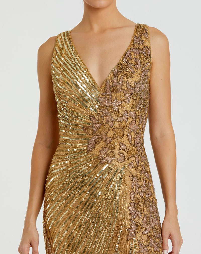 Beaded sequin floral evening sleeveless gown - Gold