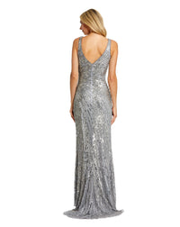 Beaded sequin floral evening sleeveless gown - Silver