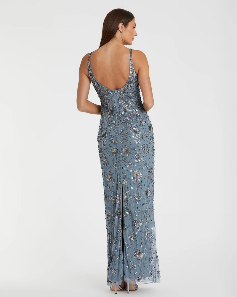 Floral embellished scoop neck evening gown - Slate grey