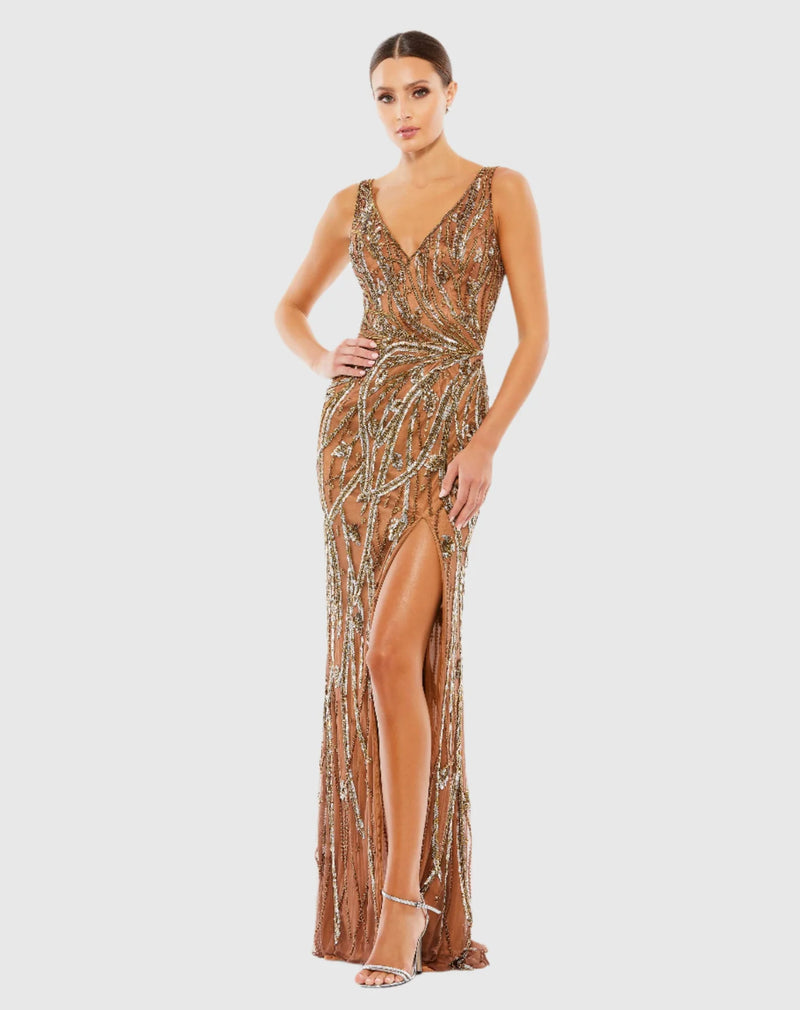 Mac Duggal, Beaded Sleeveless V Neck Gown - Mocha #5478