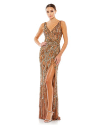 MAC DUGGAL, BEADED SLEEVELESS V NECK GOWN, MOCHA, Style #5478