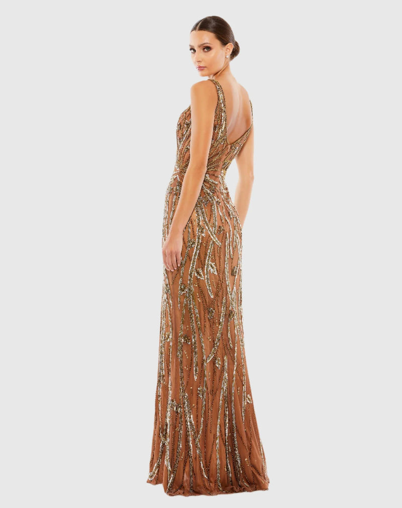 Beaded Sleeveless V Neck Gown - Mocha