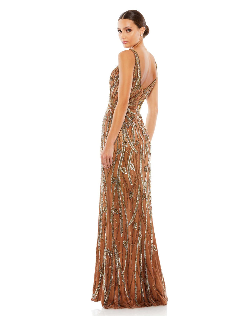 MAC DUGGAL, BEADED SLEEVELESS V NECK GOWN, MOCHA, Style #5478 BACK VIEW