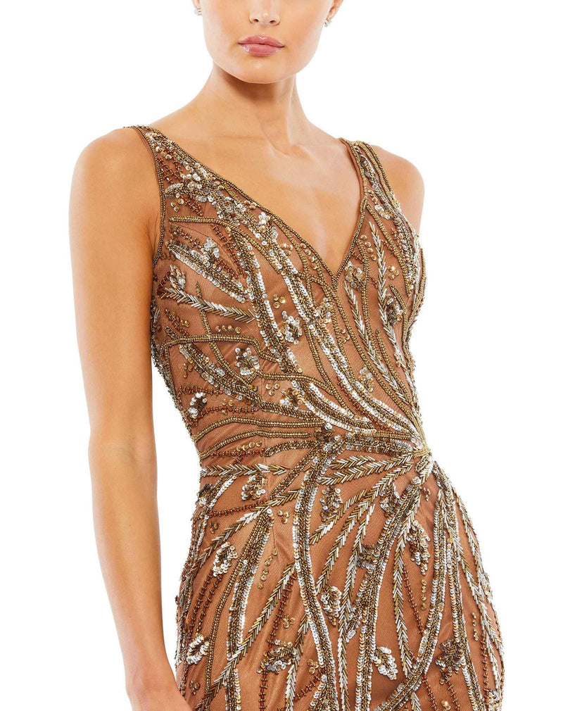 MAC DUGGAL, BEADED SLEEVELESS V NECK GOWN, MOCHA, Style #5478 CLOSE UP 