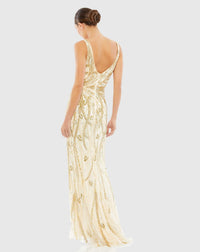 Beaded Sleeveless V Neck Gown - Nude