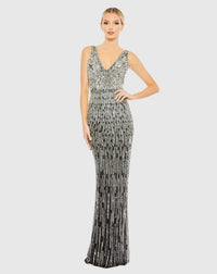 Sequin Embellished Sleeveless Plunge Neck Gown - Nude