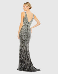 Sequin Embellished Sleeveless Plunge Neck Gown - Black