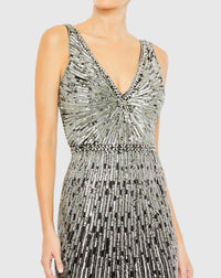 Sequin Embellished Sleeveless Plunge Neck Gown - Black