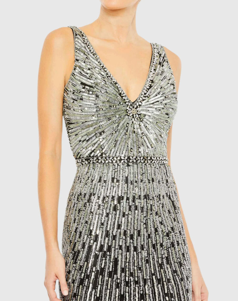 Sequin Embellished Sleeveless Plunge Neck Gown - Nude