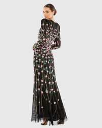 Embellished High Neck Long Sleeve Gown - Black