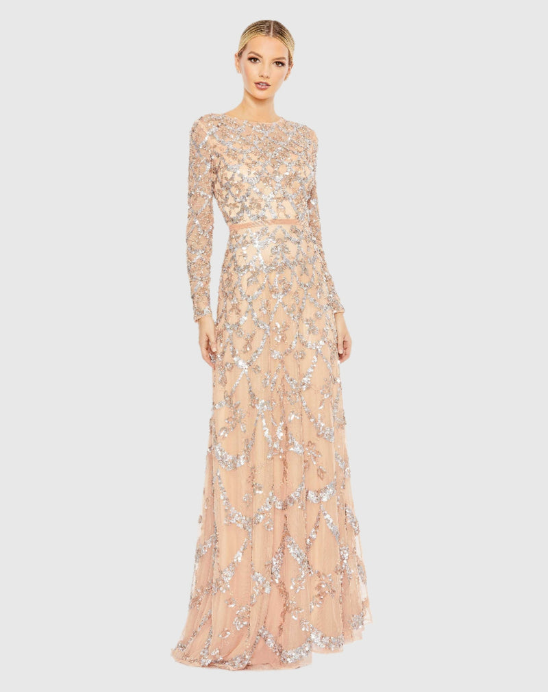 Embellished illusion high neck long sleeve A-line modest gown - Blush